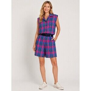 VTG 80s 90s Basic Essentials Madras Plaid 2 Piece Sleeveless Shorts Set Cotton S